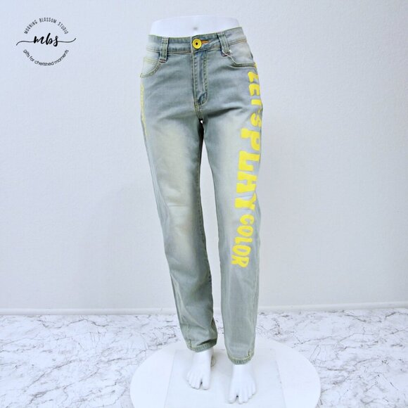 NWT LalaBobo Let's Play Color Mid Rise Straight Leg Jeans Blue Yellow Women 10 - Picture 3 of 12